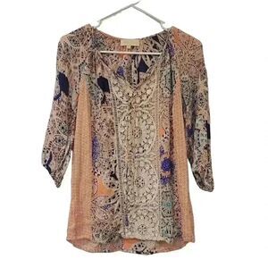 𝅺Lucy & Laurel Women's Blue/Orange/Cream Lace Tunic Blouse